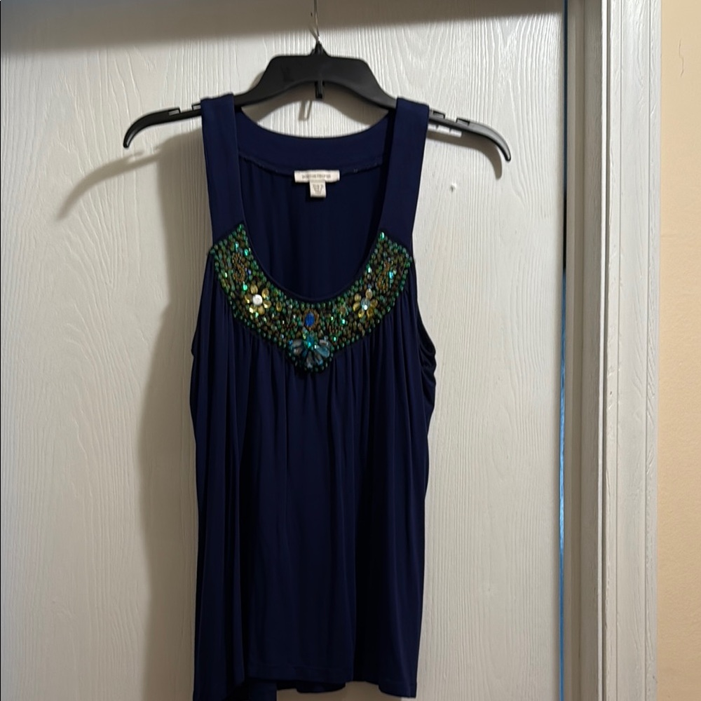 Boston Proper Navy Tank Top with Green Embellishments